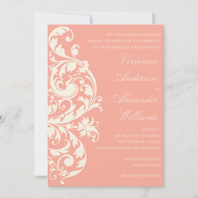 FLOREZA DE CORAL Y CREMA| INVITACIÓN DE BODA (Anverso)