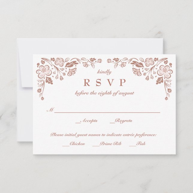 Florid Frame Wedding RSVP Card Faux Rosa Gold (Anverso)