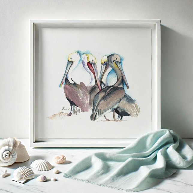 Florida Watercoloros Arte Pelícico (Beach art for living rooms watercolor pelicans by Victoria Grigaliunas of Do Tell A Belle)