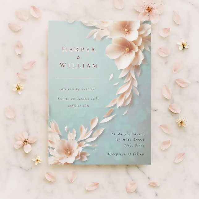 floros de marfil que fluyen de invitación a la bod (Romantic spring wedding invitation with blush florals on pastel—perfect for elegant couples.)