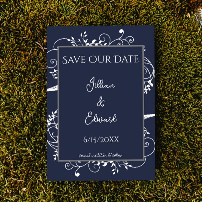 Flourish De Azul De La Marina Salva El Anuncio De  (Navy Blue Flourish Save the Date Wedding Announcement)