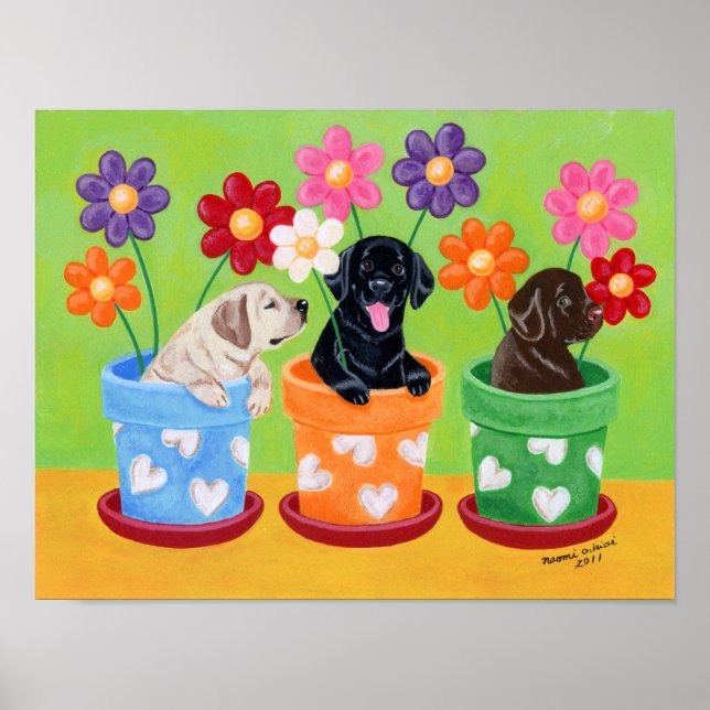 Flower Pot Labrador Cachorros de arte (Frente)