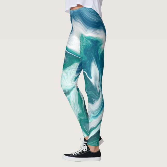 Fluido de mármol azul y verde azulado Art Leggings (Izquierda)