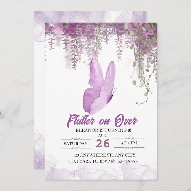 Flutter On Over Butterfly Chica Invitación al cump (Anverso / Reverso)