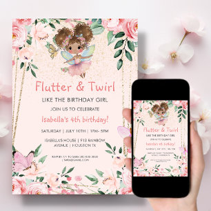Flutter y Twirl de hadas rosa   Invitación de cump