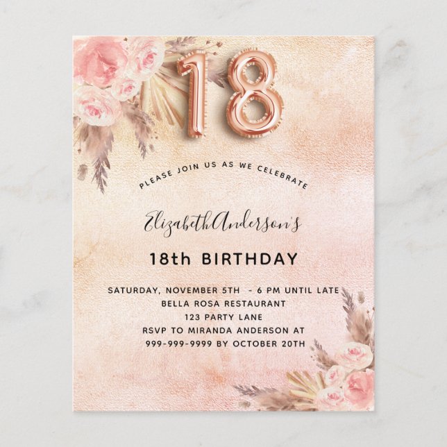 Flyer 18.º cumpleaños pampas rosa de presupuesto (Frente)