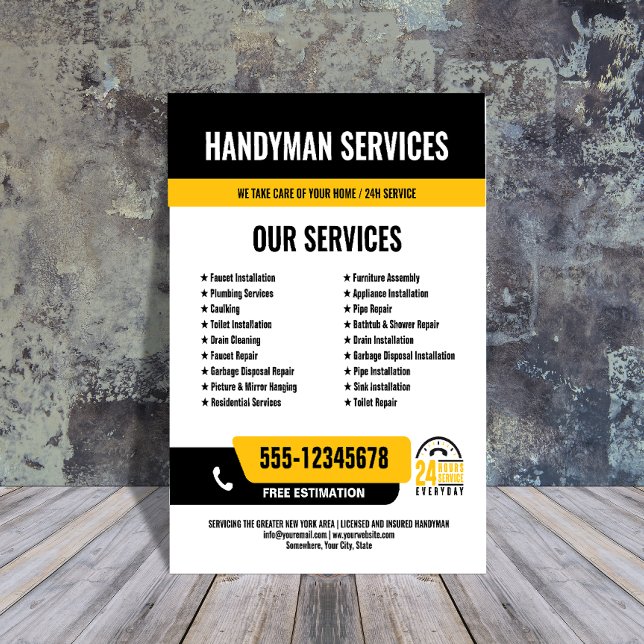 Flyer 24/7 Handyman & Plumbing Services AMARILLO NEGRO (Subido por el creador)