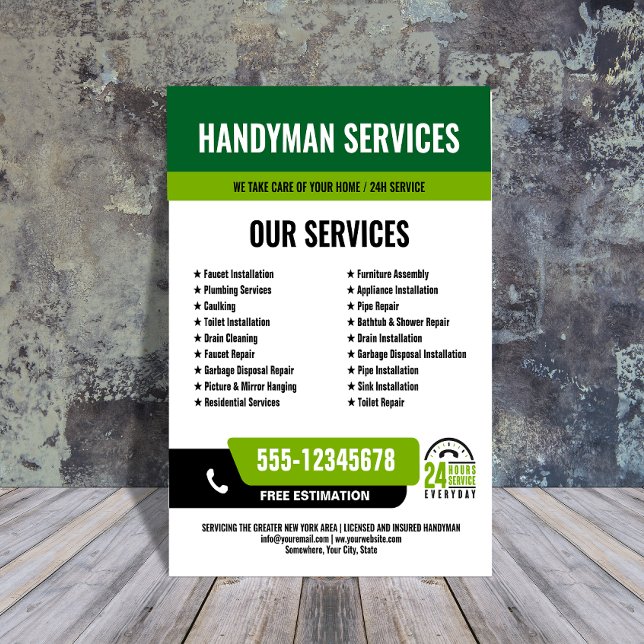 Flyer 24/7 Handyman & Plumbing Services BLACK GREEN (Subido por el creador)