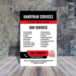 Flyer 24/7 Handyman & Plumbing Services NEGRO RED