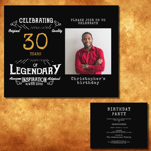 Flyer 30.ª legendaria retro de oro negro (Celebrate the golden age of your loved one's life with this budget-friendly 30th birthday invitation)