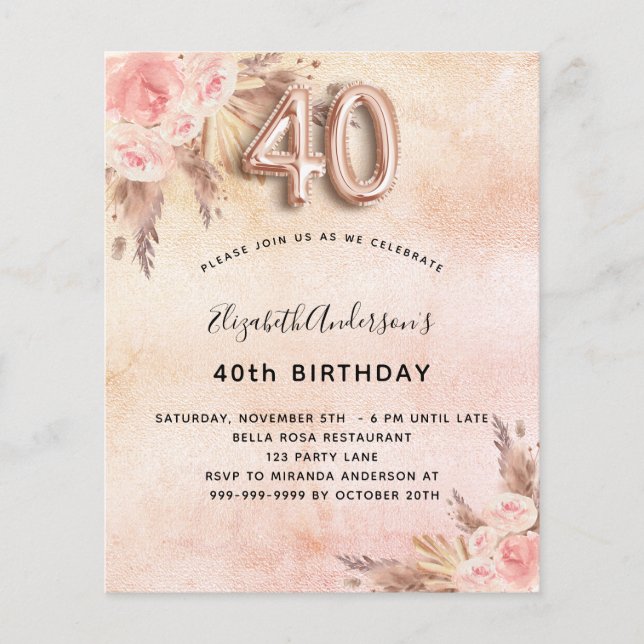 Flyer 40.º cumpleaños pampas rosa de presupuesto (Frente)