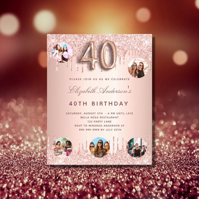Flyer 40.º rosa de cumpleaños purpurina invitación para  (Subido por el creador)