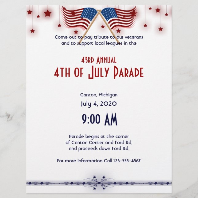 Flyer 4 de julio Banderas y Estrellas Patrióticas de Est (Frente)
