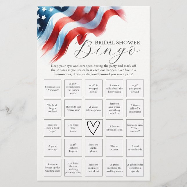 Flyer 4 de julio Juego Bridal Shower Bingo (Frente)