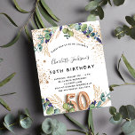 Flyer 50.ª invitación presupuestaria para eucalipto<br><div class="desc">Tenga en cuenta que esta invitación está en papel de volante y es muy delgada. Los sobres no están incluidos. Para invitaciones más gruesas (el mismo diseño) visite nuestra tienda. Para una fiesta de cumpleaños número 50. Un fondo blanco decorado con vegetación eucaliptos y hojas doradas. Lugares purpurinas de imitación...</div>