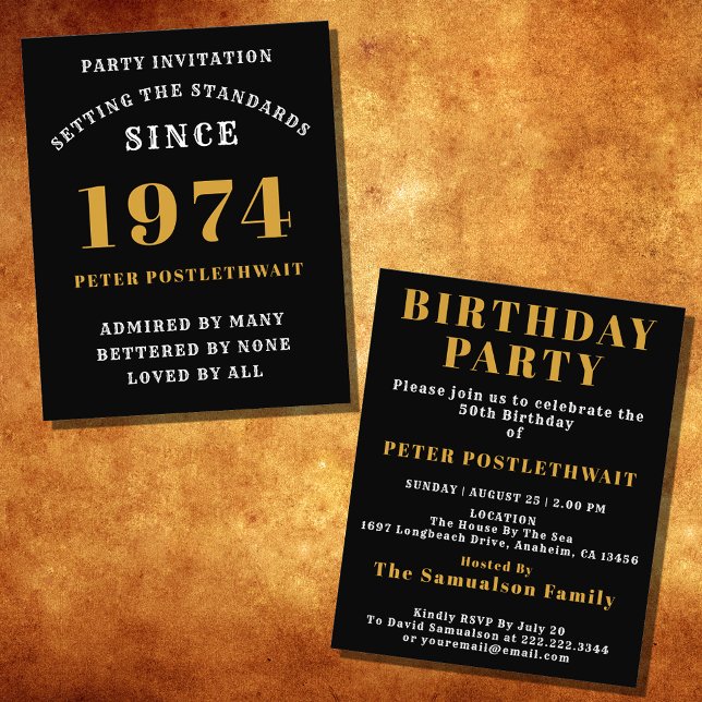 Flyer 50.º Cumpleaños 1974 Oro Negro Personalizado Para  (Elegant Black and Gold 50th Birthday Invitation - Create Your Own Personalized Design.)