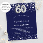 Flyer 60.ª invitación al presupuesto azul marino de plat<br><div class="desc">Tenga en cuenta que esta invitación está en papel de volante y es muy delgada. Los sobres no están incluidos. Para invitaciones más gruesas (el mismo diseño) visite nuestra tienda. Una invitación moderna, elegante y glamurosa para una fiesta de cumpleaños número 60. Un fondo azul marino, decorado con estrellas de...</div>