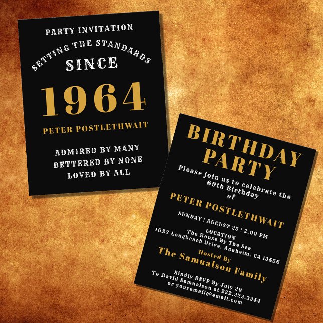 Flyer 60.º cumpleaños 1964 Oro negro personalizado para  (Elegant Black and Gold 60th Birthday Invitation - Create Your Own Personalized Design.)