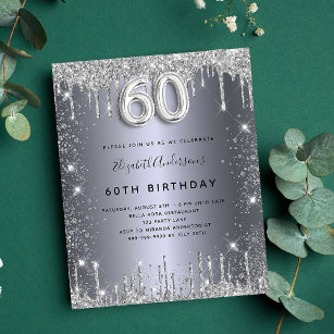 Flyer 60th birthday silver glitter budget invitation