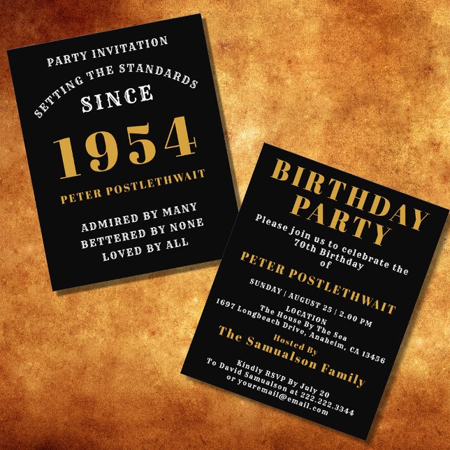 Flyer 70.º Cumpleaños 1954 Oro Negro Personalizado Para  (Elegant Black and Gold 70th Birthday Invitation - Create Your Own Personalized Design.)