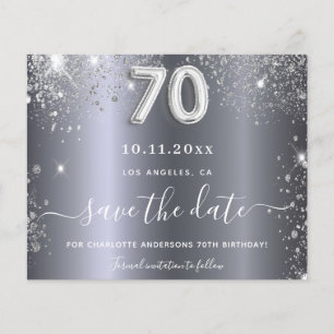 Flyer 70 cumpleaños presupuesto purpurina plata guardar