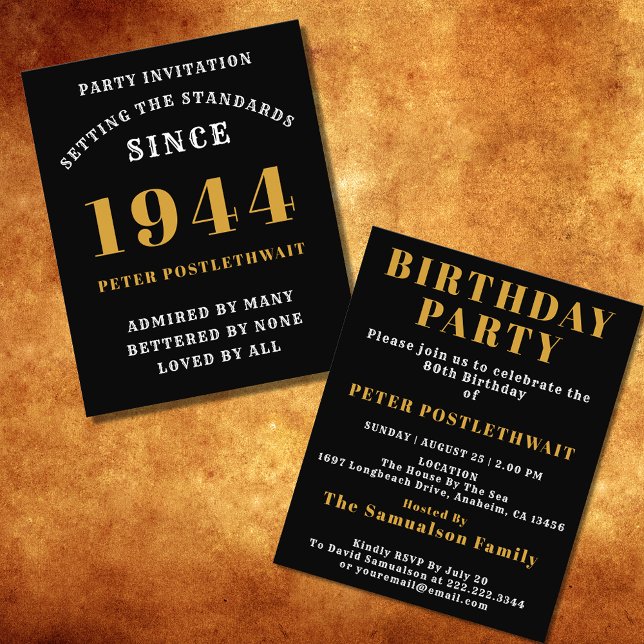 Flyer 80.º Cumpleaños 1944 Oro Negro Personalizado Para  (Elegant Black and Gold 80th Birthday Invitation - Create Your Own Personalized Design. )