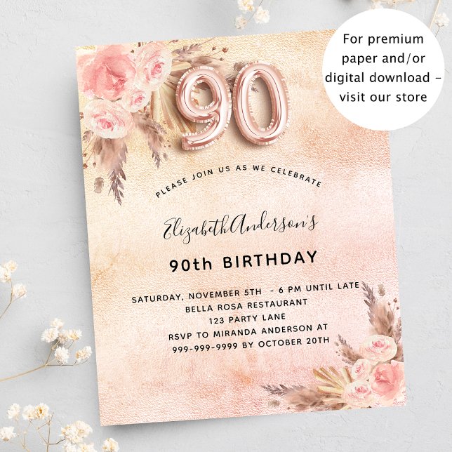 Flyer 90.º cumpleaños pampas rosa de presupuesto (Subido por el creador)