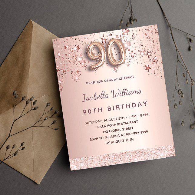 Flyer 90.º cumpleaños rosa de estrellas de oro invitació (Subido por el creador)