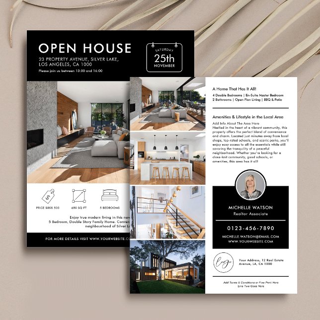 Flyer Abierto Mínimo Para Venta De Bienes Inmobiliarios (Minimalist open house property flyer with photos, your logo and custom text)