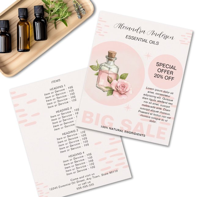 Flyer Aceites Esenciales de Rosa Acuarela Floral Promoci (Rose Essential Oils Watercolor Floral Promo Flyer)