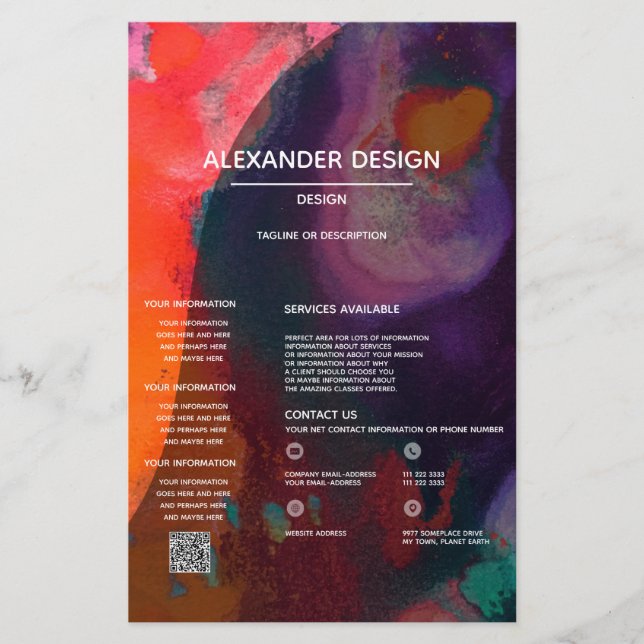 Flyer Acuarela abstrata púrpura naranja, servicios (Frente)