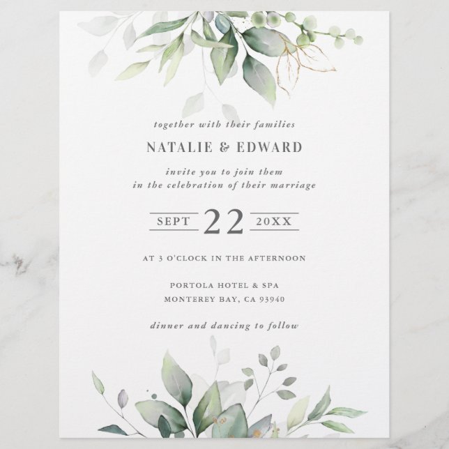 Flyer Acuarela botánica oro elegante boda fl (Frente)