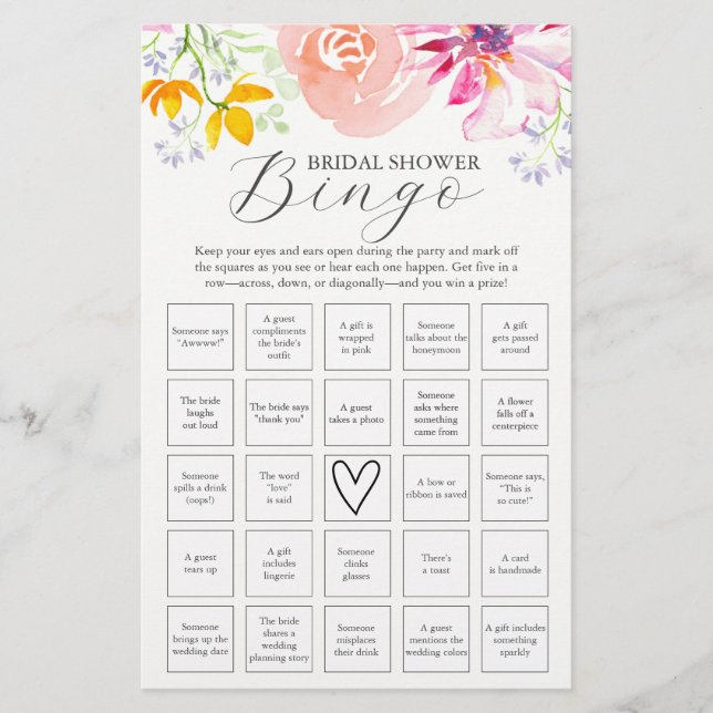 Flyer Acuarela Floral Bridal Shower Bingo (Frente)
