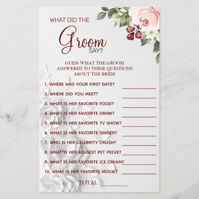 Flyer Acuarela Qué dice el novio: tarjeta de juego de du (Frente)