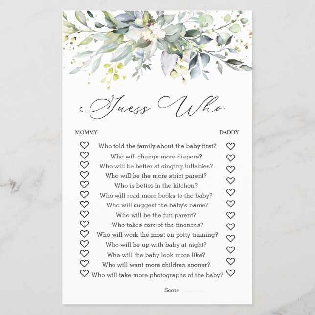 Flyer Adivina a quién mamá o papi verde del juego de Bab (Frente)