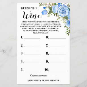 Flyer Adivina azul tarjeta de juego Wine Couples Shower