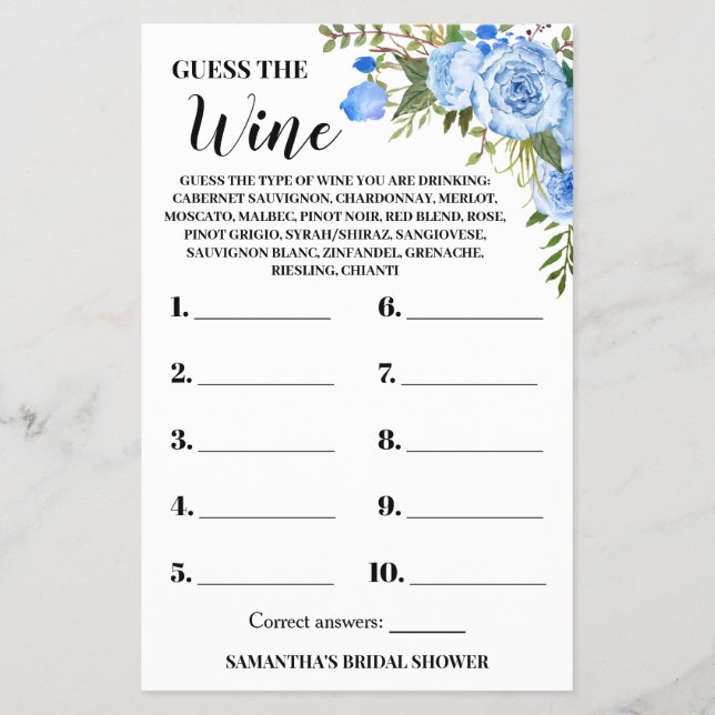 Flyer Adivina azul tarjeta de juego Wine Couples Shower (Frente)