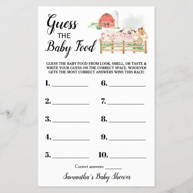 Flyer Adivina la tarjeta de juego Baby Shower Baby Food  (Frente)
