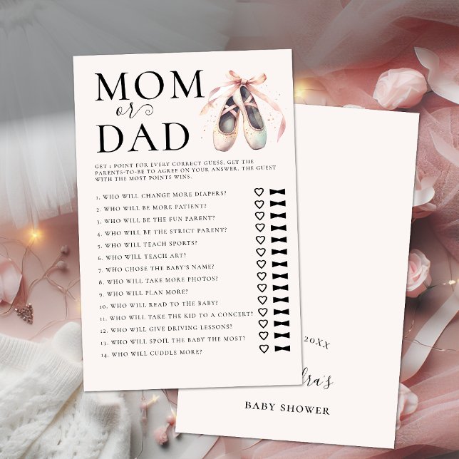 Flyer Adivina quién es el juego de Baby Shower: Ballerin (ballerina baby shower game guess who mom dad pink ballet shoes pointes watercolor elegant chic)