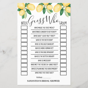 Flyer Adivina quién es la tarjeta de juego Lemons Bridal