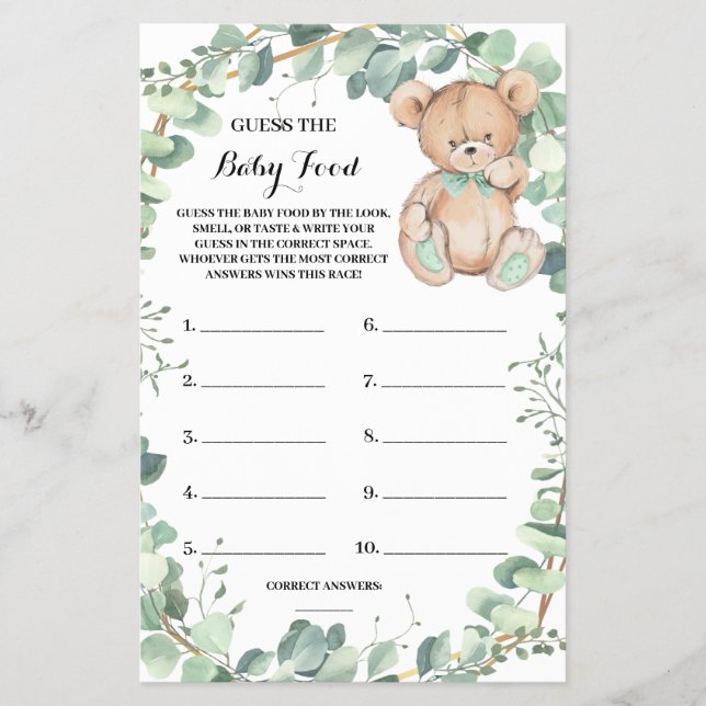 Flyer Adivina tarjeta de juego Baby Food Bear Greenerene (Frente)