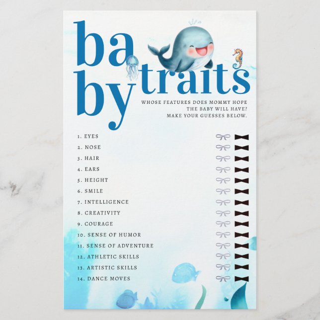 Flyer Adivinar Bebé Características Juego de ducha Cuest (Frente)