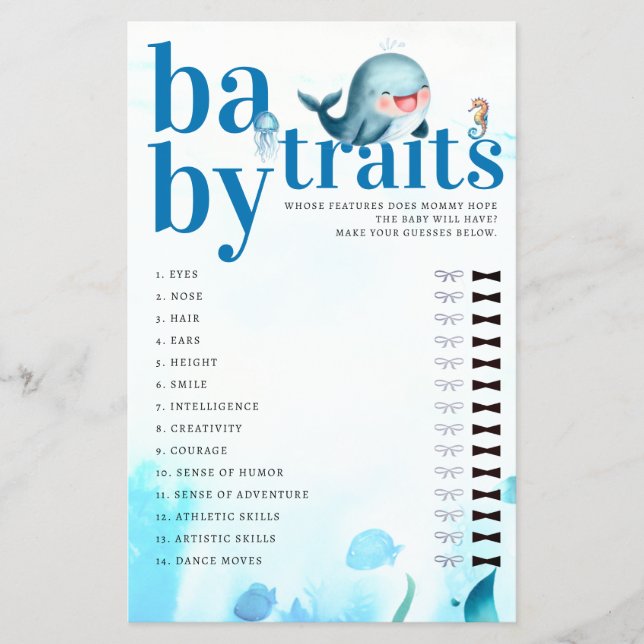 Flyer Adivinar Bebé Características Juego de ducha Cuest (Frente)