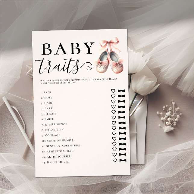 Flyer Adivinar El Bebé Cuenta Con Un Juego De Ducha Calz (guess baby traits shower game girl ballerina ballet dancer shoes watercolor cute chic sweet adorable)