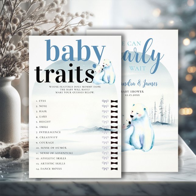 Flyer Adivinar El Bebé Incluye El Juego De Ducha El Oso  (winter boy baby shower bearly wait polar bear mama cub watercolor guess baby traits game)