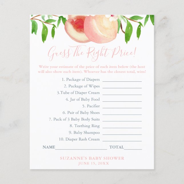 Flyer Adivinen El Juego De Baby Shower De Sweet Peach De (Frente)