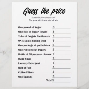 Flyer Adivinen la tarjeta de juego Price Bridal Shower
