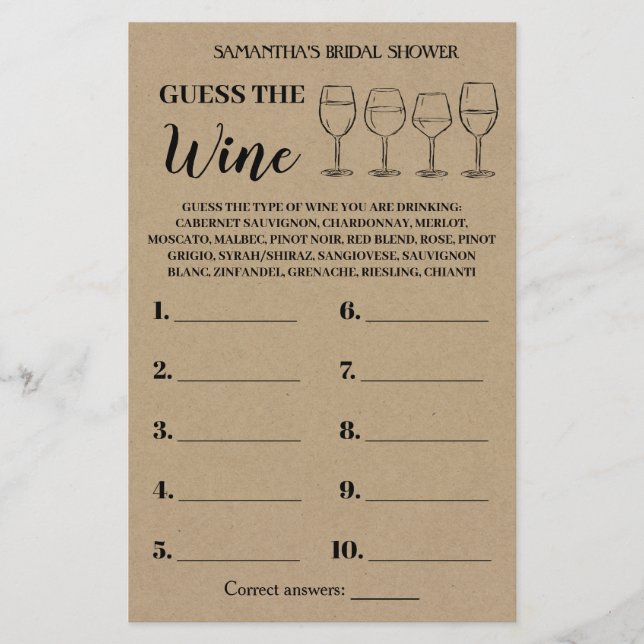 Flyer Adivinen la tarjeta de juego Wine Rustic Bridal Sh (Frente)