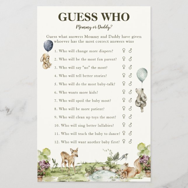 Flyer Adivinen Quién Mamá O Papá Woodland Game Baby Show (Frente)