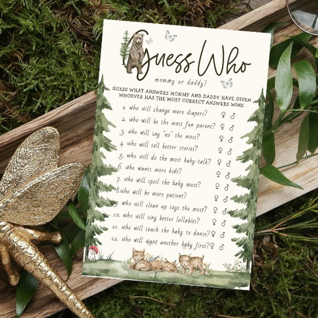 Flyer Adivinen Quién Mamá O Papá Woodland Game Baby Show (Guess Who Mommy Or Daddy Baby Shower Game)